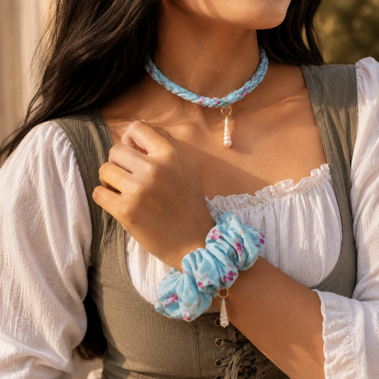 Pearl Meadow Charm Necklace & Scrunchie Set