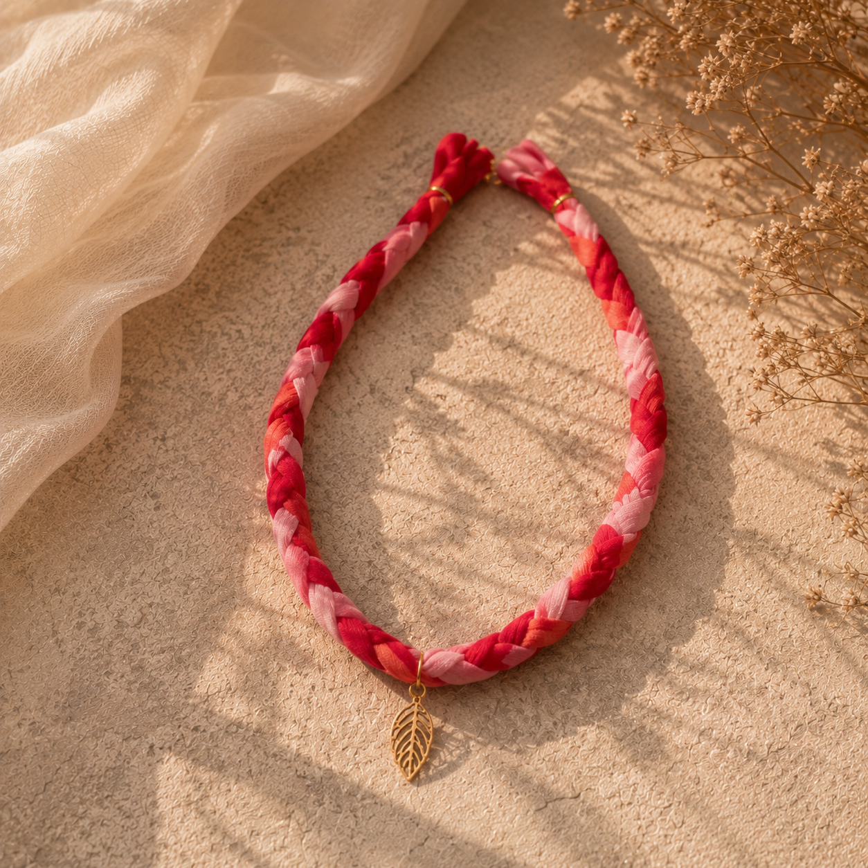 Rosé Leaf Charm Necklace & Scrunchie Set
