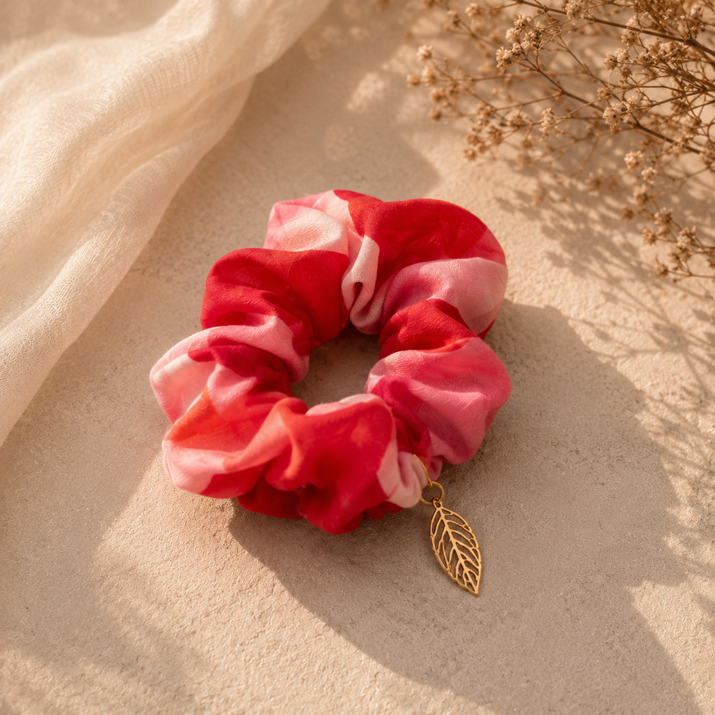 Rosé Leaf Charm Necklace & Scrunchie Set