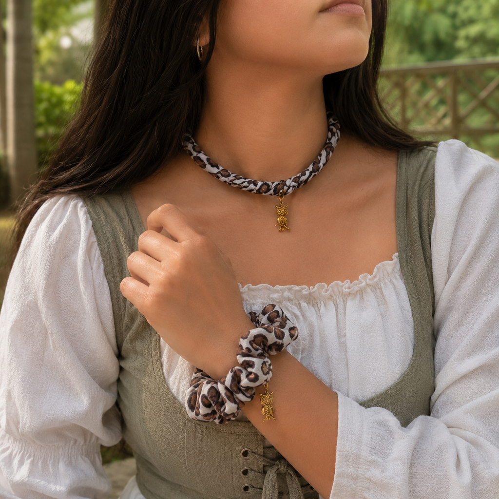 Savana Owl Charm Necklace & Scrunchie Set