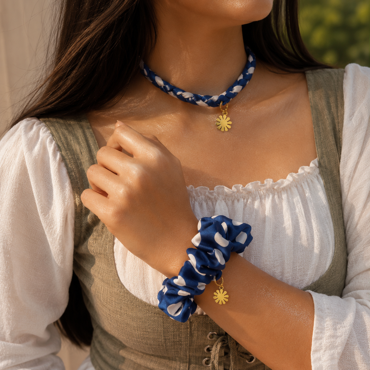 Azure Soleil Charm Necklace & Scrunchie Set