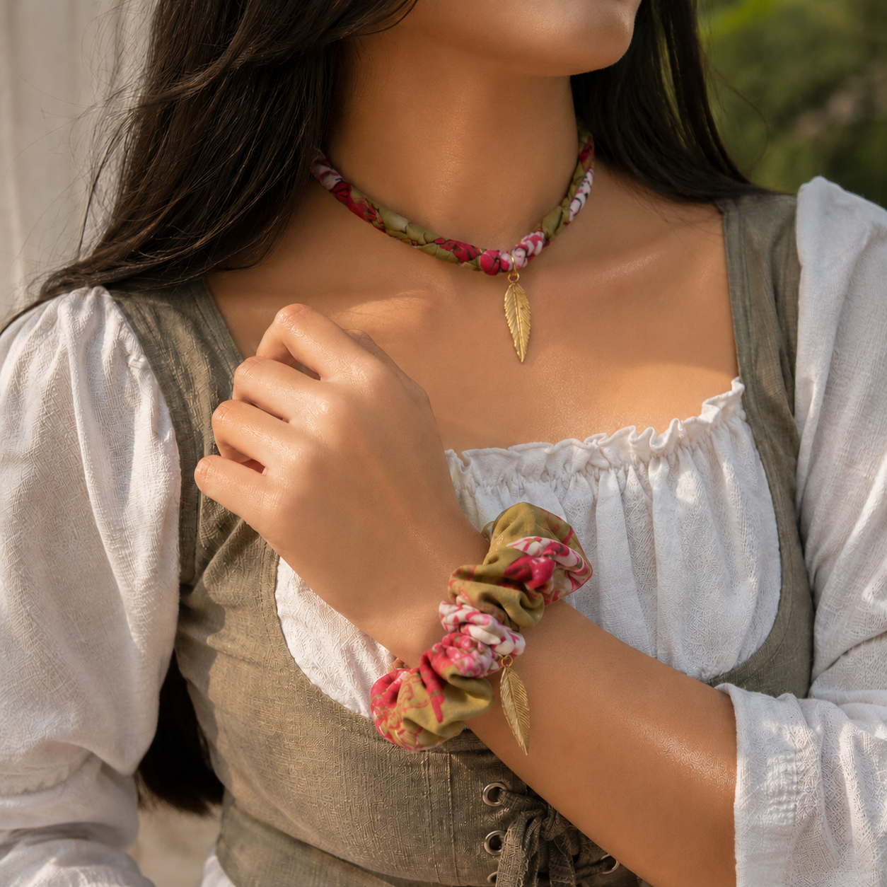 Olive Bloom Charm Necklace & Scrunchie Set