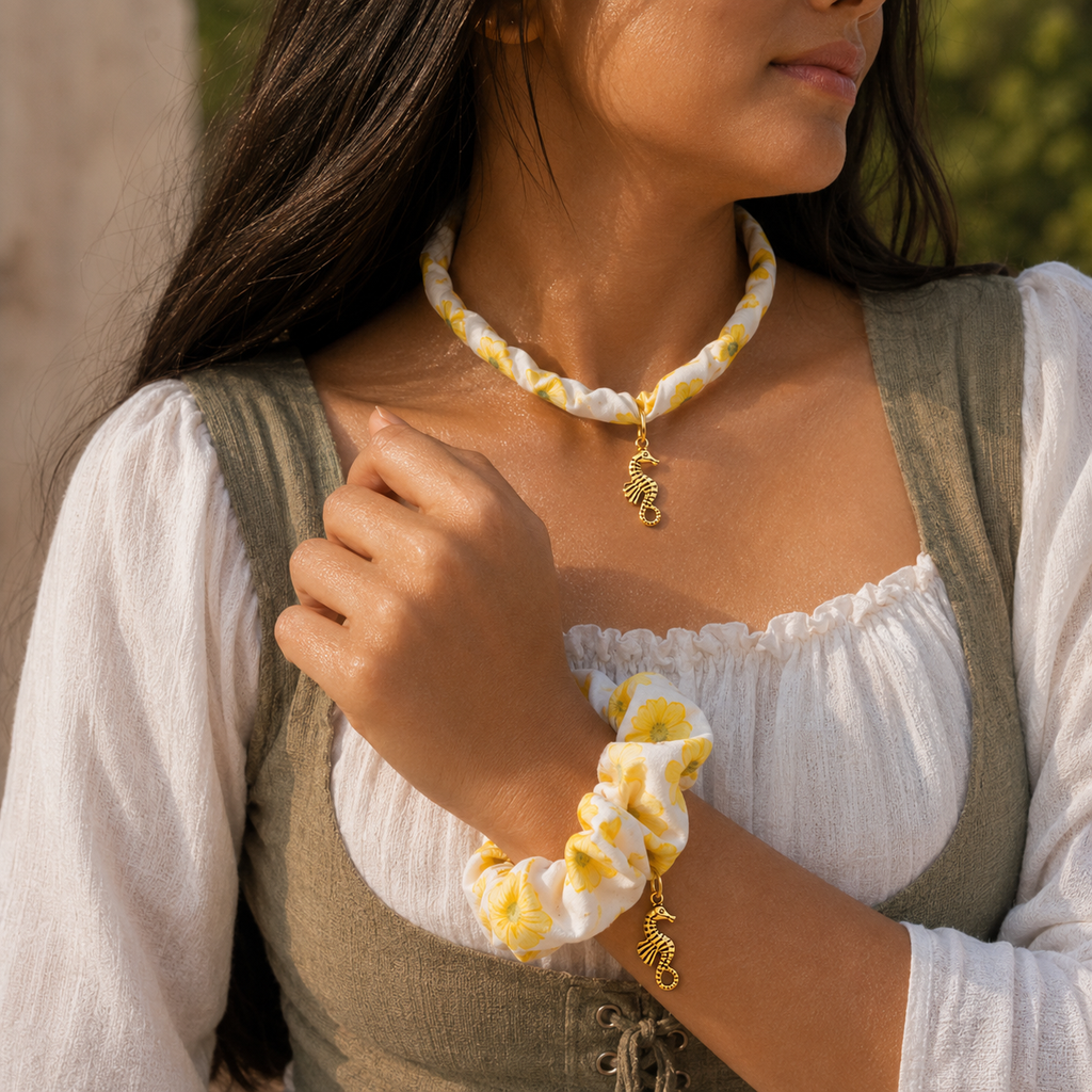 Seahorse Bloom Charm Necklace & Scrunchie Set